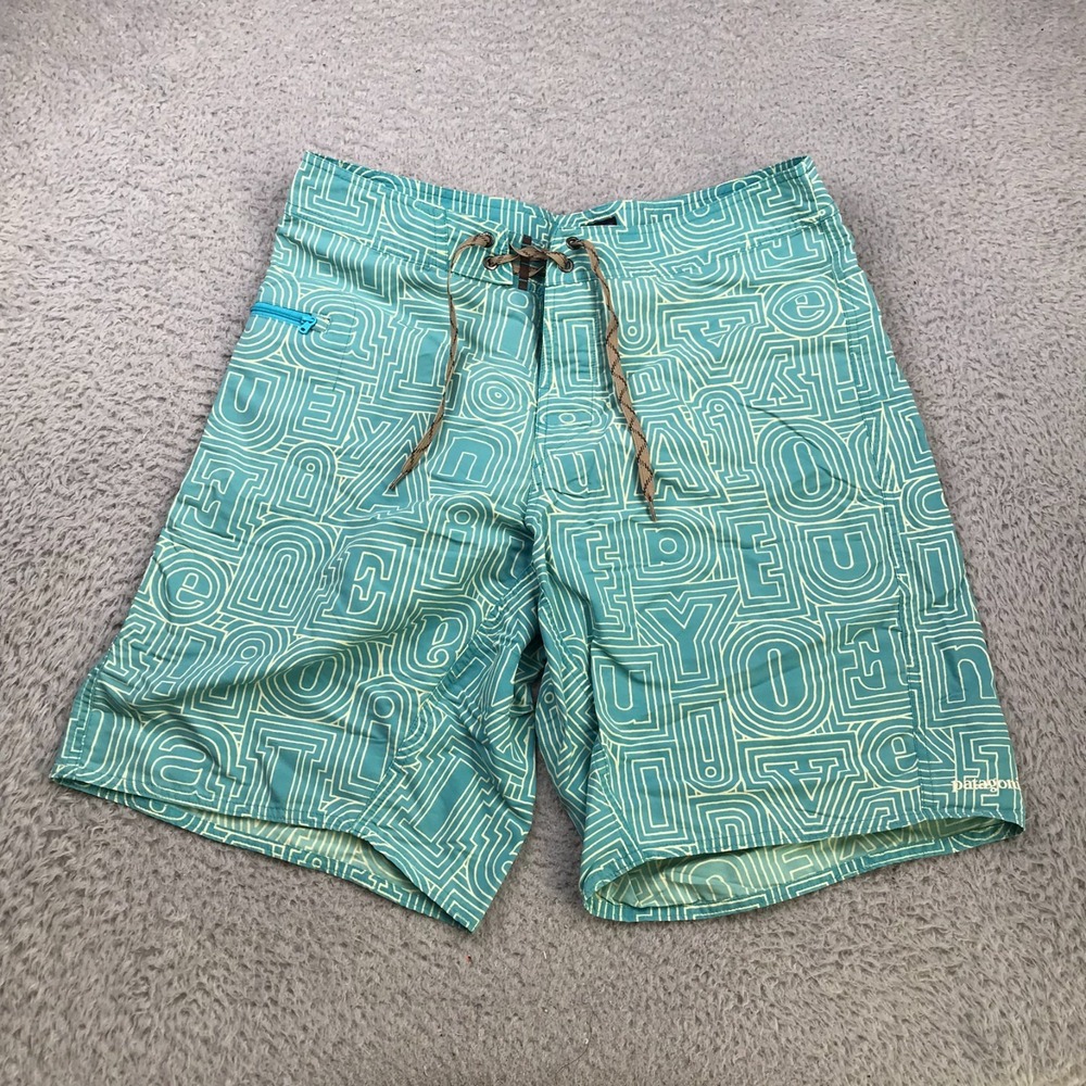 Patagonia Wavefarer Board Shorts Mens 33 Blue Lettern Pattern 9" Swim Trunks
